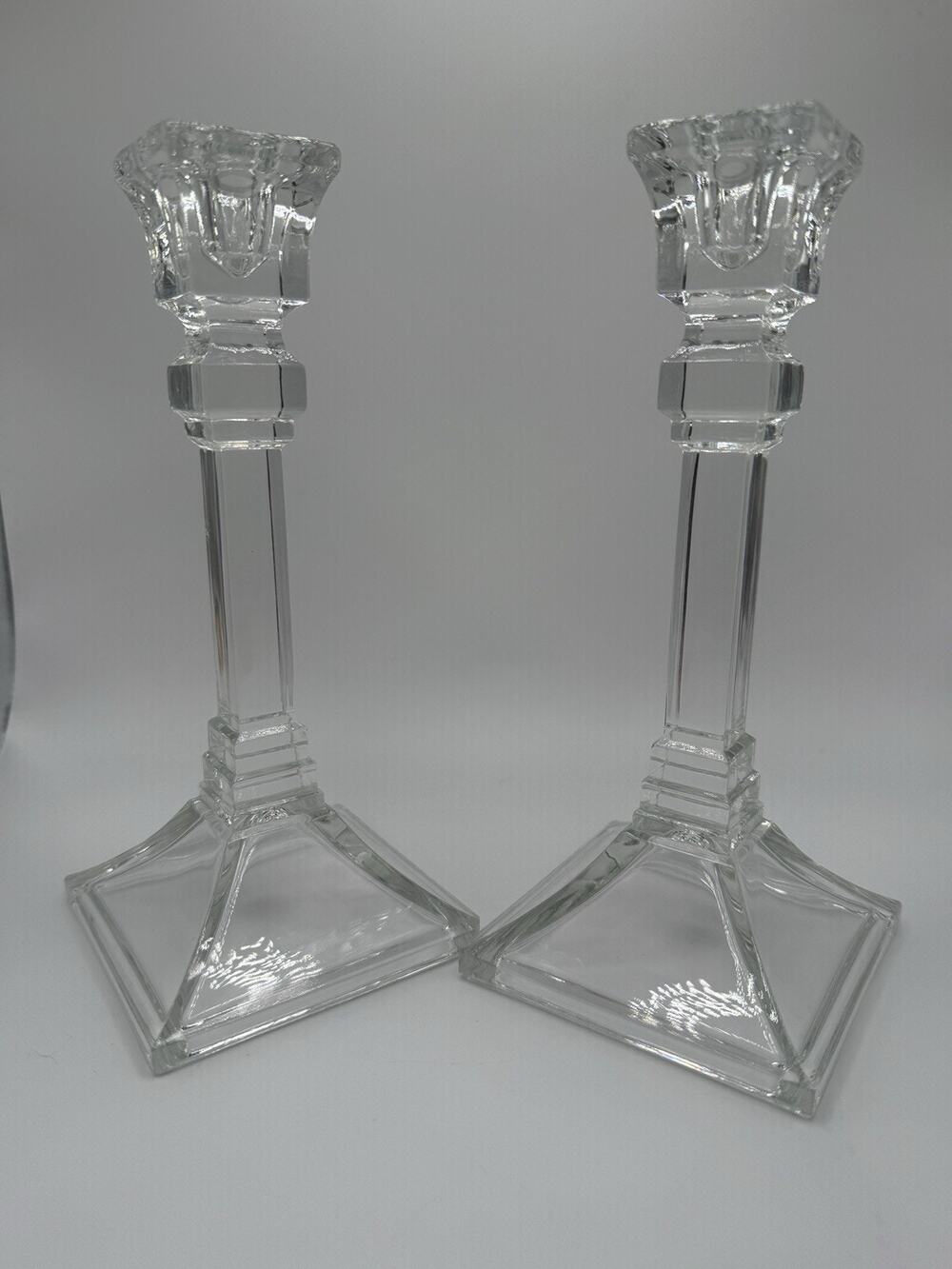 Vtg Lead Crystal Clear Glass Art Deco Candlesticks Square Base Tapers Set of 2